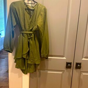 Olive green wrap mini dress.